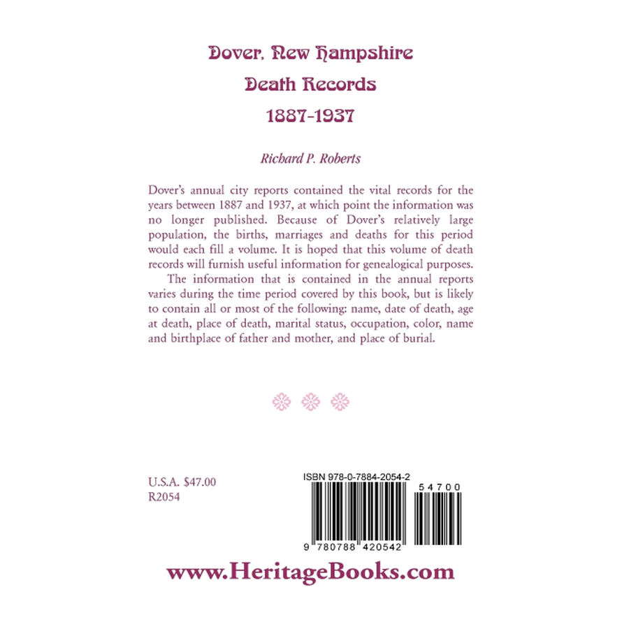 Dover, New Hampshire, Death Records, 1887-1937 back cover