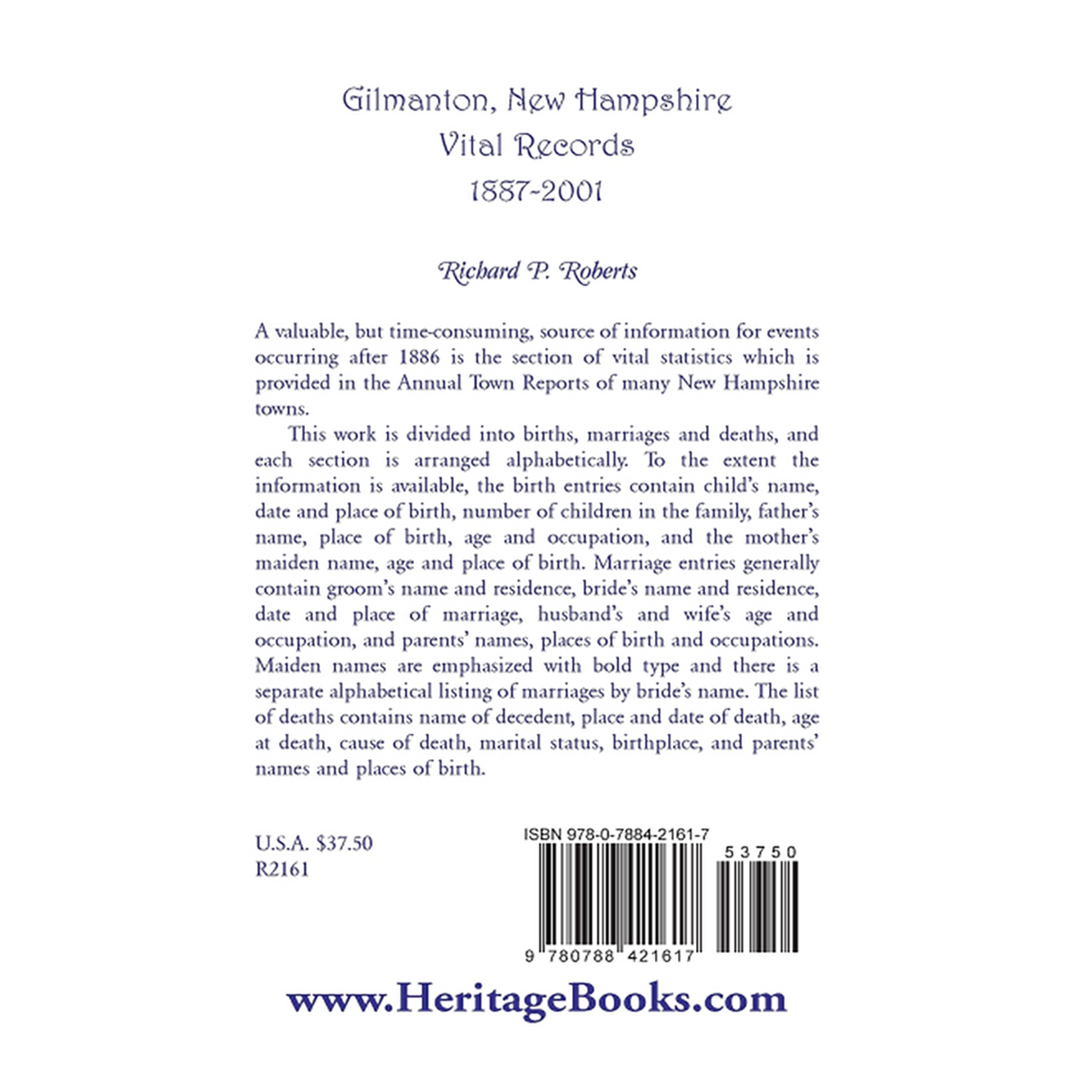 Gilmanton, New Hampshire, Vital Records, 1887-2001 back cover