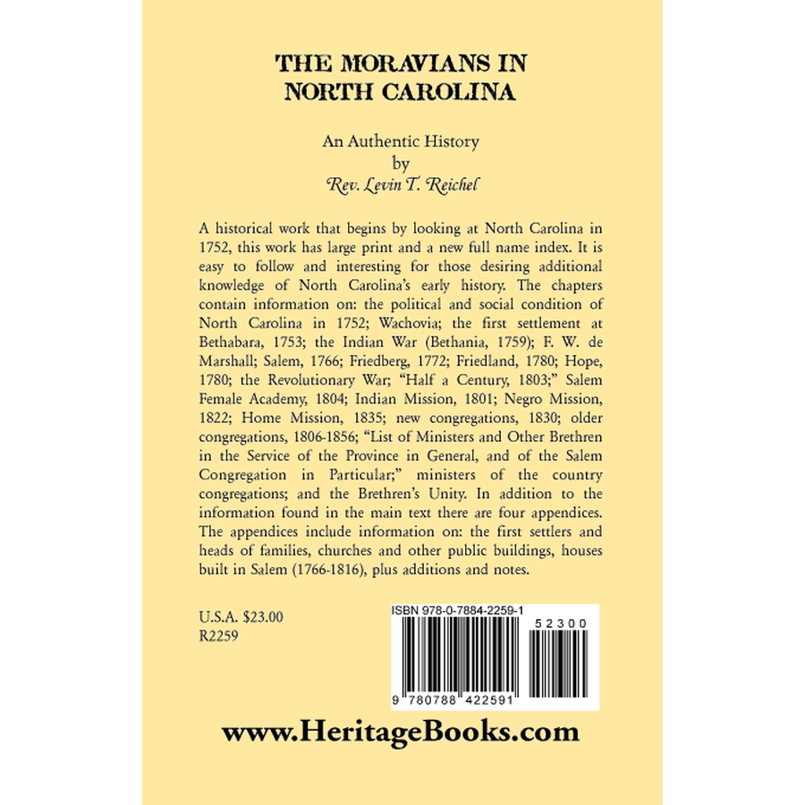 The Moravians in North Carolina, An Authentic History back cover
