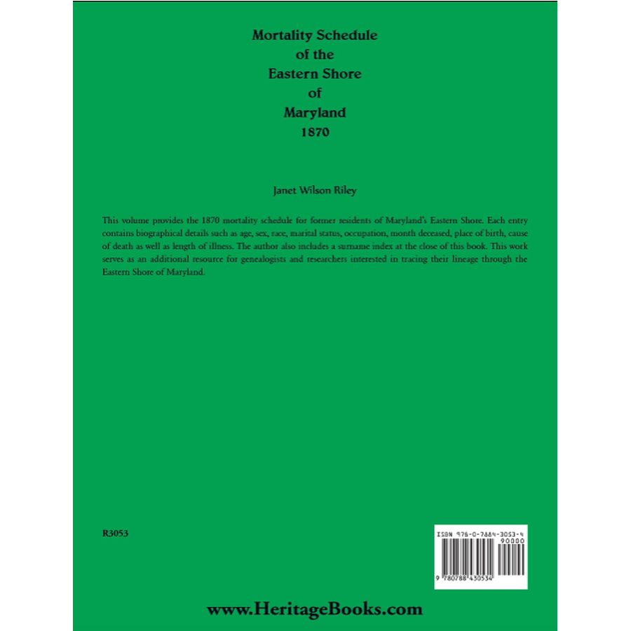 Mortality Schedule of the Eastern Shore of Maryland 1870 back cover