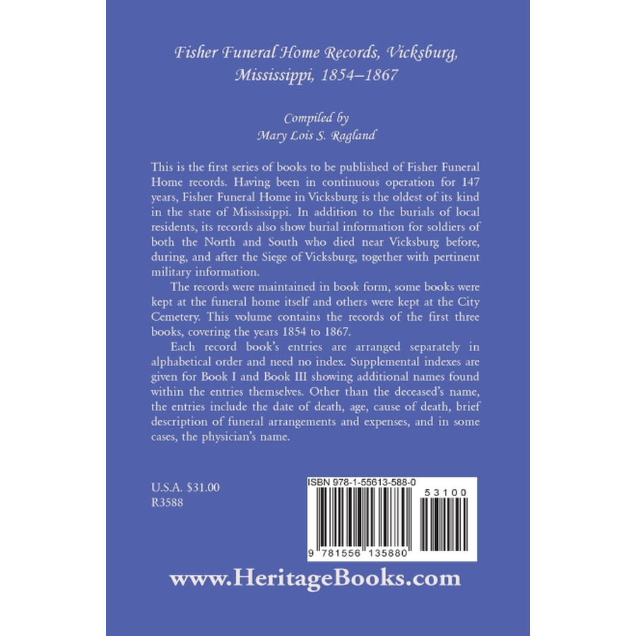 Fisher Funeral Home Records, Vicksburg, Mississippi 1854-1867 back cover