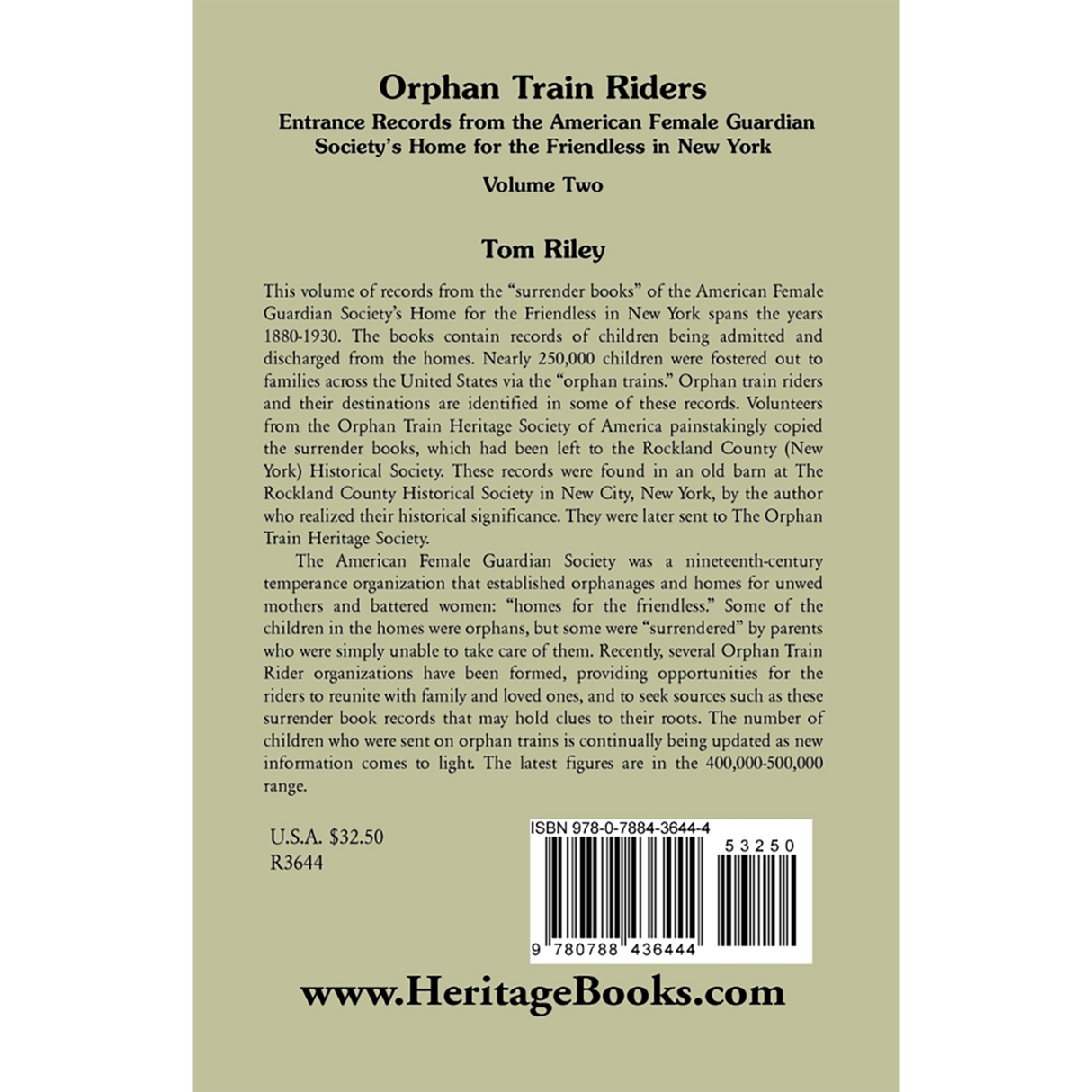 Orphan Train Riders: Entrance Records from the American Female Guardian Society's Home for the Friendless in New York, Volume 2 back cover