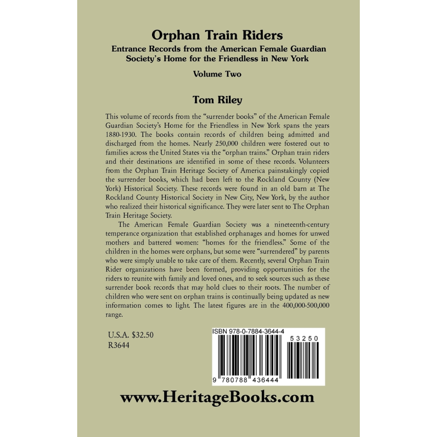 Orphan Train Riders: Entrance Records from the American Female Guardian Society's Home for the Friendless in New York, Volume 2 back cover