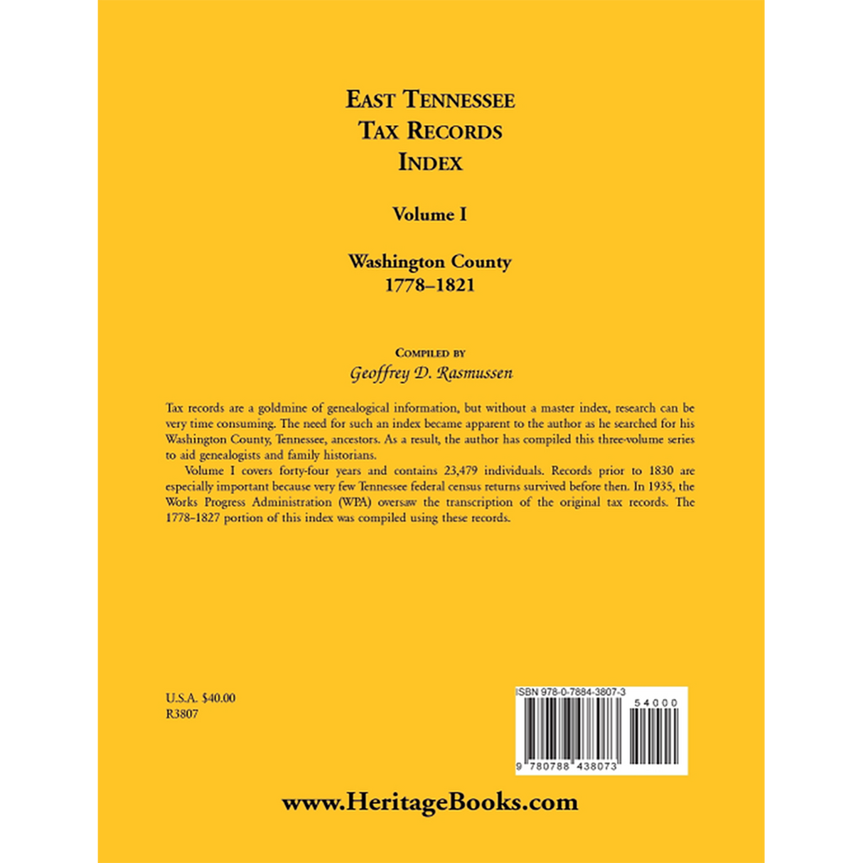East Tennessee Tax Records Index Volume I: Washington County, 1778-1821 back cover