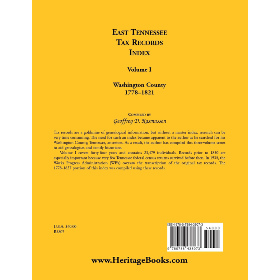 East Tennessee Tax Records Index Volume I: Washington County, 1778-1821 back cover