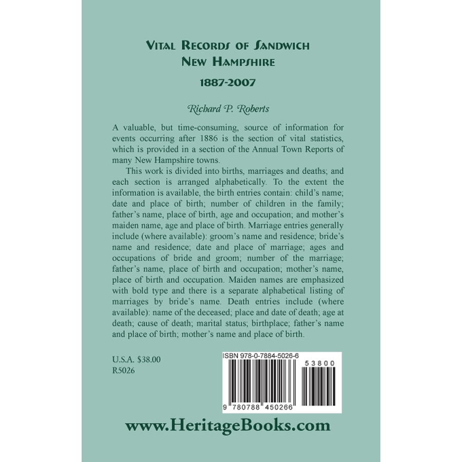 Vital Records of Sandwich, New Hampshire, 1887-2007 back cover