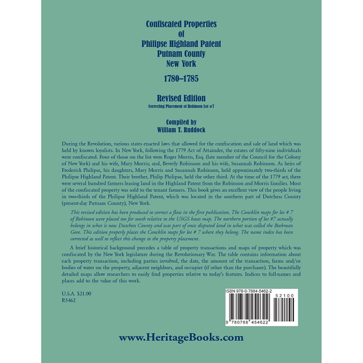 Confiscated Properties of Philipse Highland Patent, Putnam County, New York, 1780-1785, Revised Edition back cover