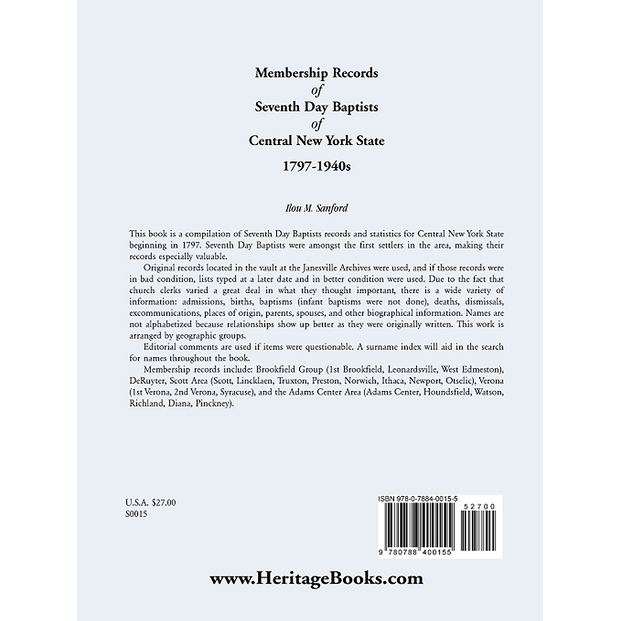 Membership Records of Seventh Day Baptists of Central New York State, 1797-1940s back cover
