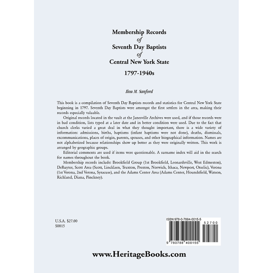 Membership Records of Seventh Day Baptists of Central New York State, 1797-1940s back cover
