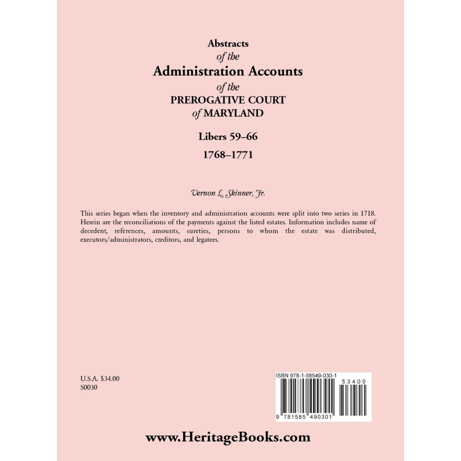 Abstracts of the Administration Accounts of the Prerogative Court of Maryland, 1768-1771, Libers 59-66 back cover