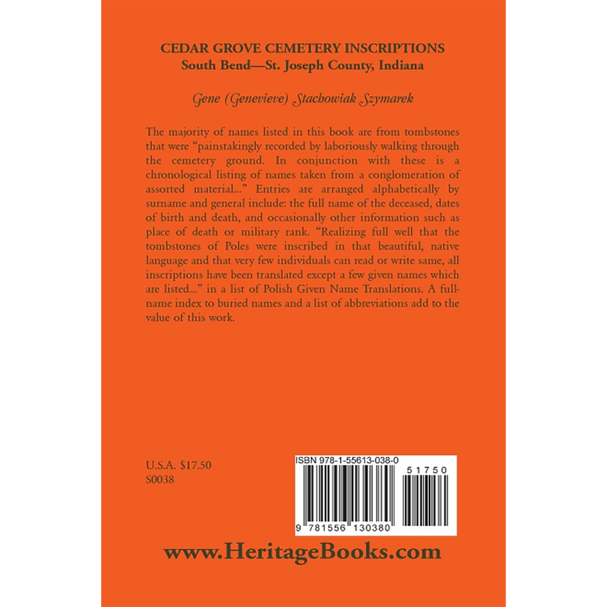 Cedar Grove Cemetery Inscriptions, South Bend-St. Joseph County, Indiana back cover