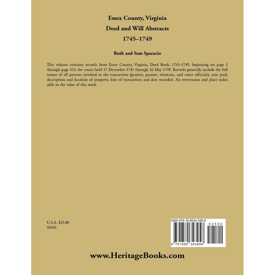 Essex County, Virginia Will Book Abstracts 1745-1748 back cover