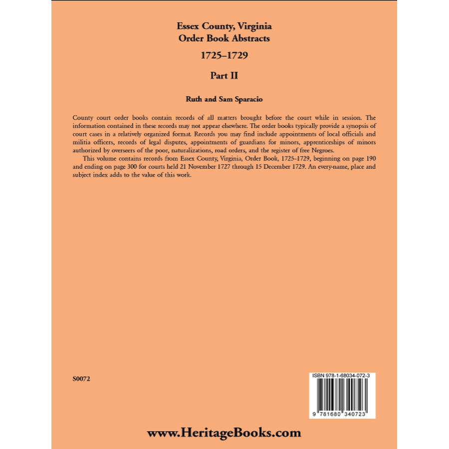 Essex County, Virginia Order Book Abstracts 1727-1729, Part II back cover