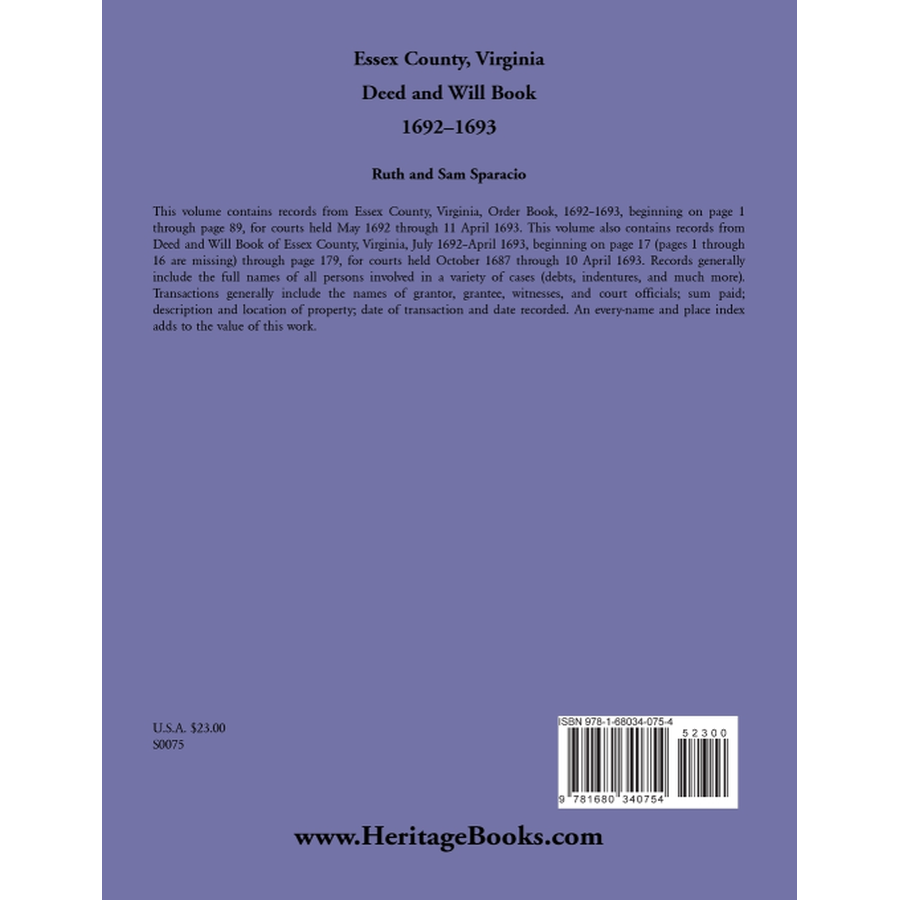 Essex County, Virginia Deed and Will Abstracts 1692-1693 back cover