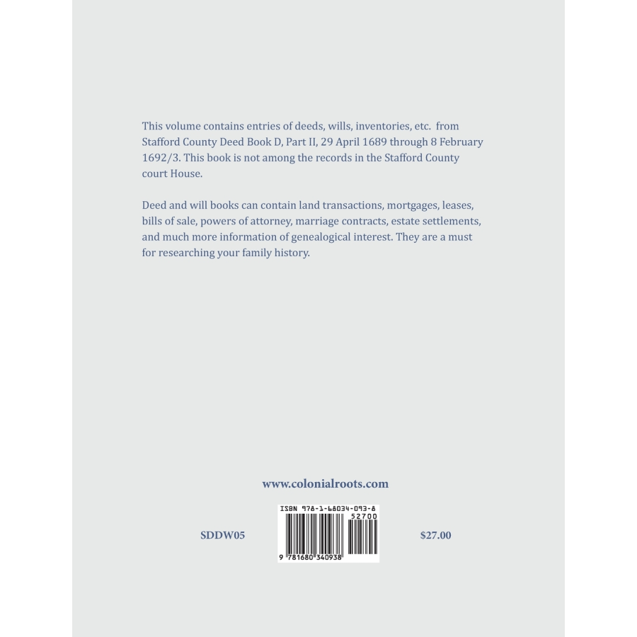 Stafford County, Virginia Deed and Will Book Abstracts, 1689-1693 back cover