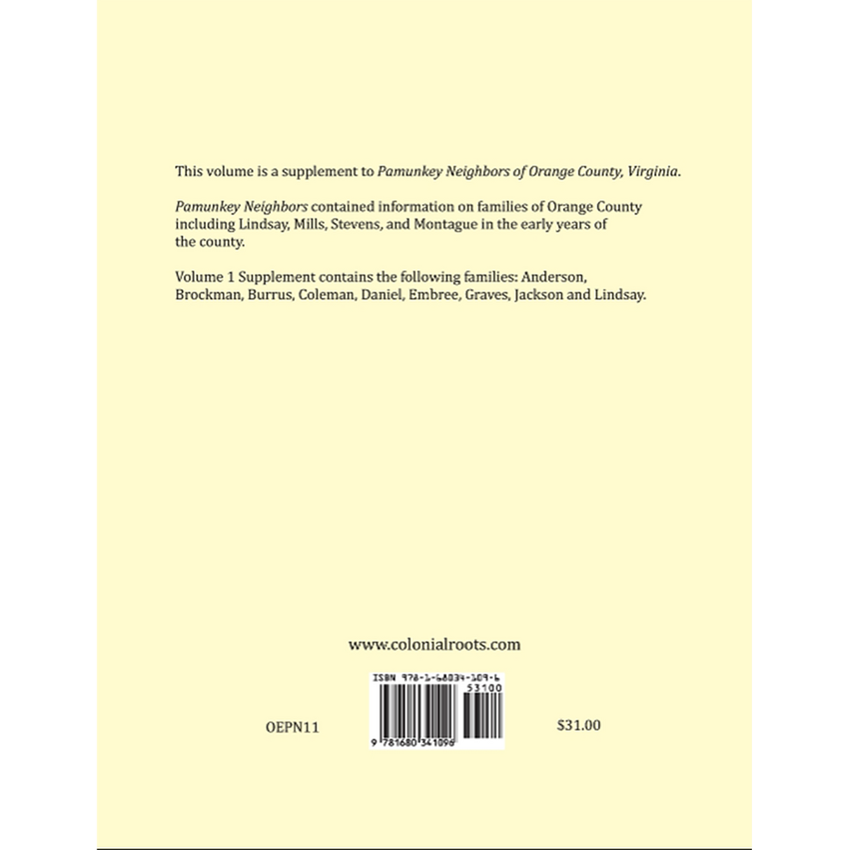 A Supplement to Pamunkey Neighbors of Orange County, Virginia: Volume 1 back cover