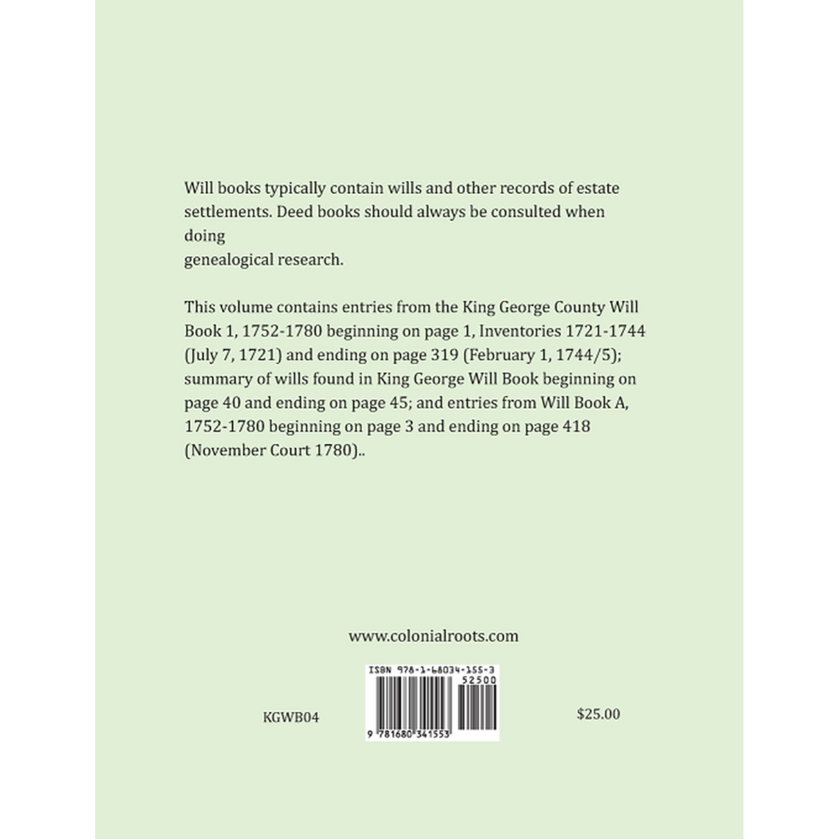 King George County, Virginia Will Book Abstracts, 1752-1780 back cover
