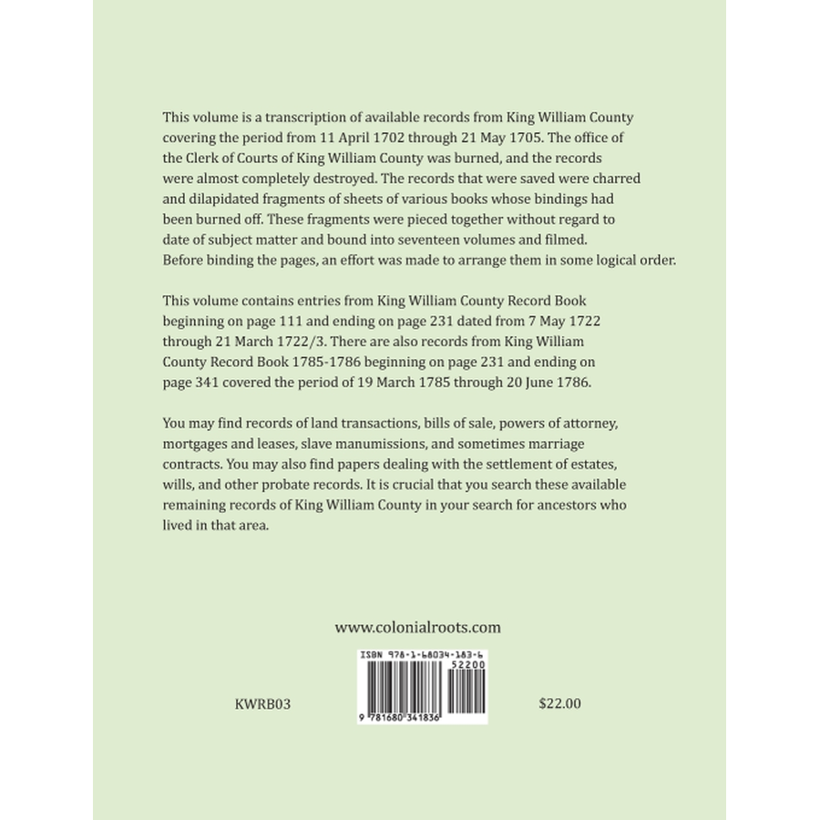 King William County, Virginia Record Book Abstracts 1722 and 1785-1786 back cover