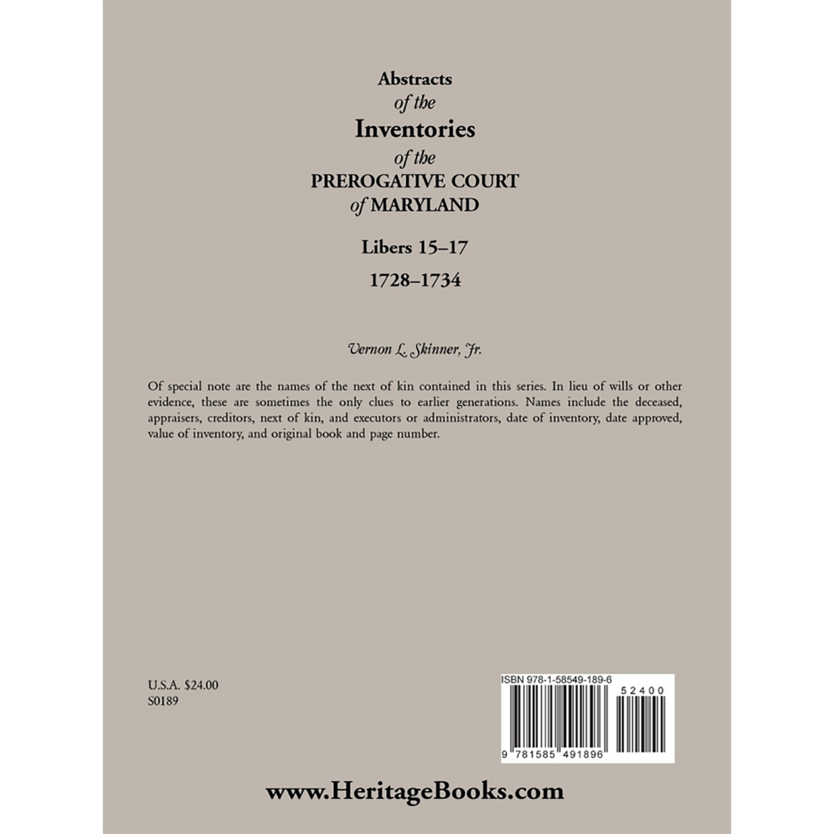 Abstracts of the Inventories of the Prerogative Court of Maryland, 1728-1734, Libers 15-17 back cover