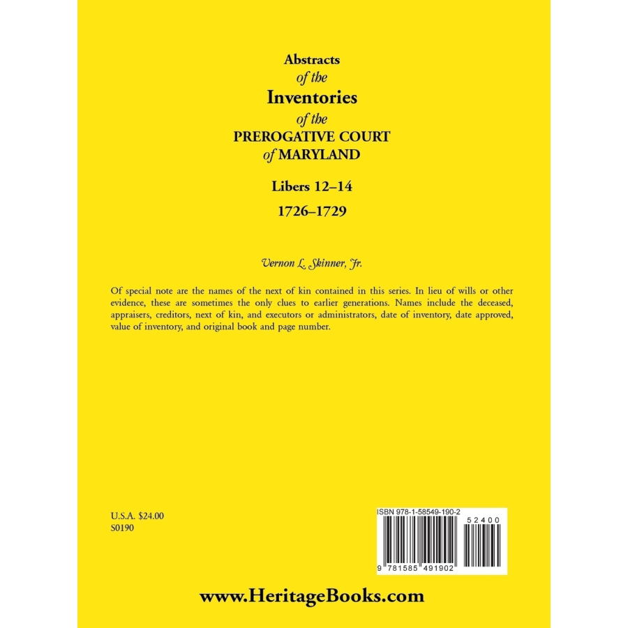 Abstracts of the Inventories of the Prerogative Court of Maryland, 1726-1729, Libers 12-14 back cover