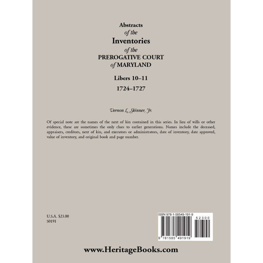 Abstracts of the Inventories of the Prerogative Court of Maryland, 1724-1727, Libers 10-11 back cover
