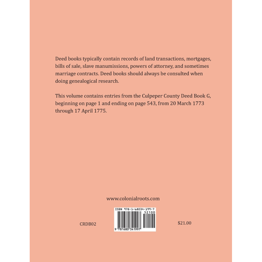Culpeper County, Virginia Deed Book Abstracts 1773-1775 back cover