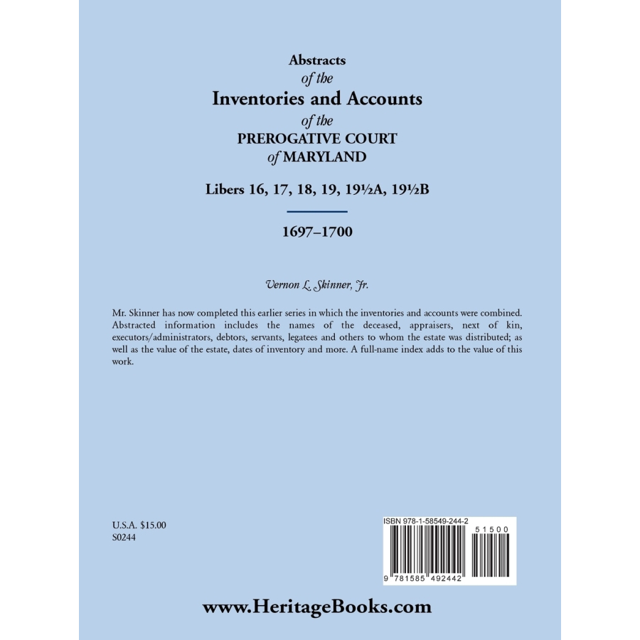 Abstracts of the Inventories and Accounts of the Prerogative Court of Maryland, 1697-1700 Libers 16, 17, 18, 19, 19½a, 19½b back cover