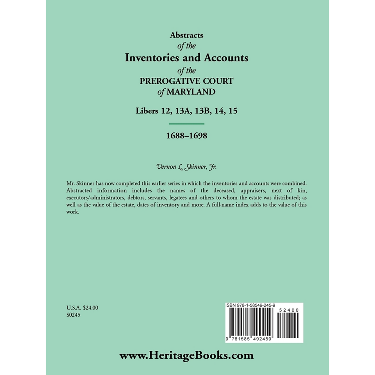 Abstracts of the Inventories and Accounts of the Prerogative Court of Maryland, 1688-1698, Libers 12, 13a, 13b, 14, 15 back cover