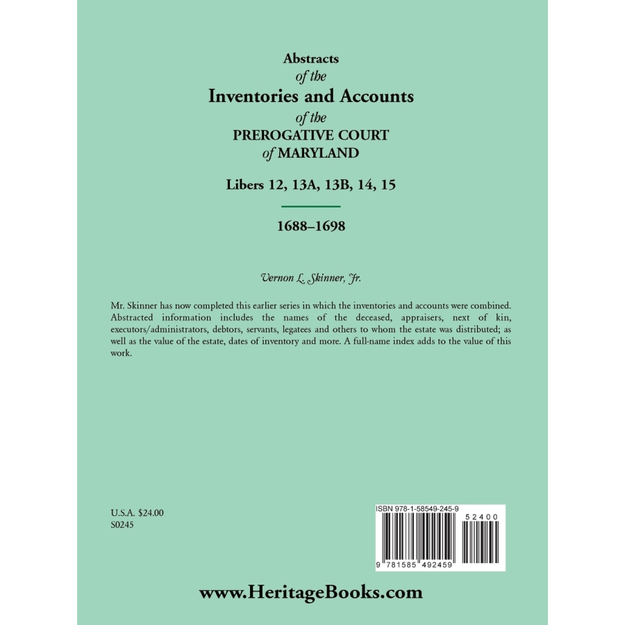 Abstracts of the Inventories and Accounts of the Prerogative Court of Maryland, 1688-1698, Libers 12, 13a, 13b, 14, 15 back cover