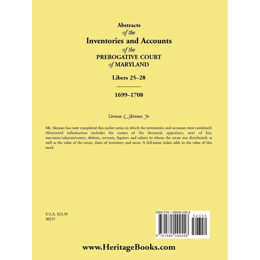 Abstracts of the Inventories and Accounts of the Prerogative Court of Maryland, 1699-1708, Libers 25-28 back cover