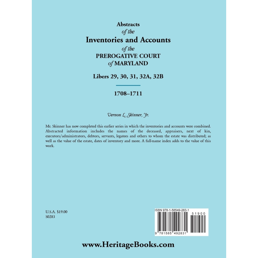 Abstracts of the Inventories and Accounts of the Prerogative Court of Maryland, 1708-1711, Libers 29, 30, 31, 32A, 32B back cover