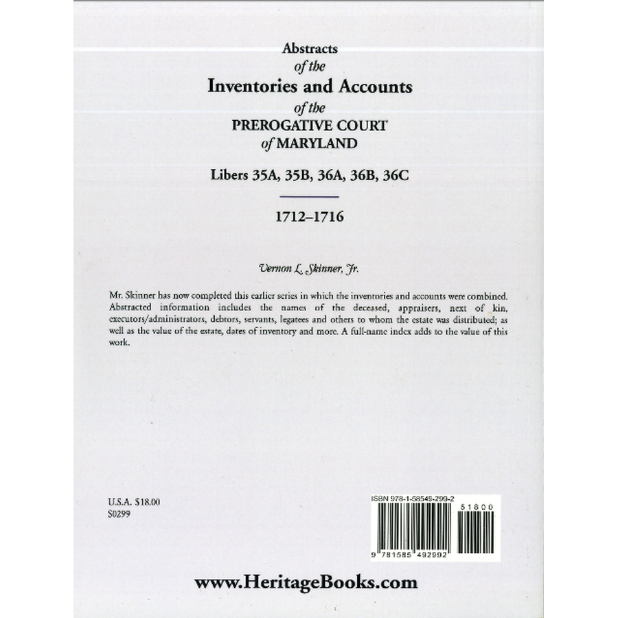 Abstracts of the Inventories and Accounts of the Prerogative Court of Maryland, 1712-1716, Libers 35A, 35B, 36A, 36B, 36C back cover