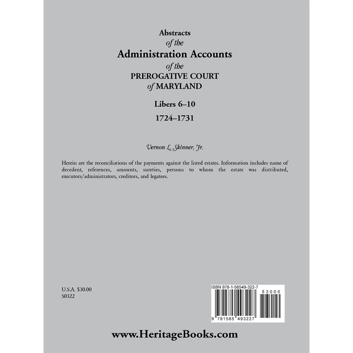 Abstracts of the Administration Accounts of the Prerogative Court of Maryland, 1724-1731, Libers 6-10 back cover