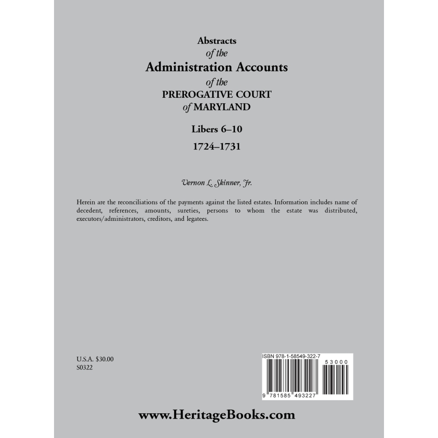 Abstracts of the Administration Accounts of the Prerogative Court of Maryland, 1724-1731, Libers 6-10 back cover