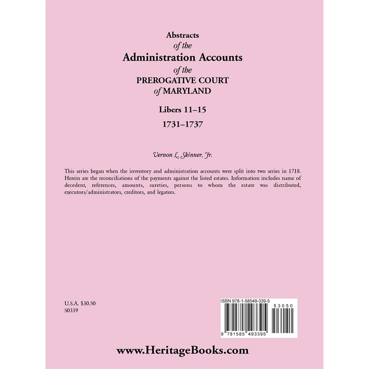 Abstracts of the Administration Accounts of the Prerogative Court of Maryland, 1731-1737, Libers 11-15 back cover