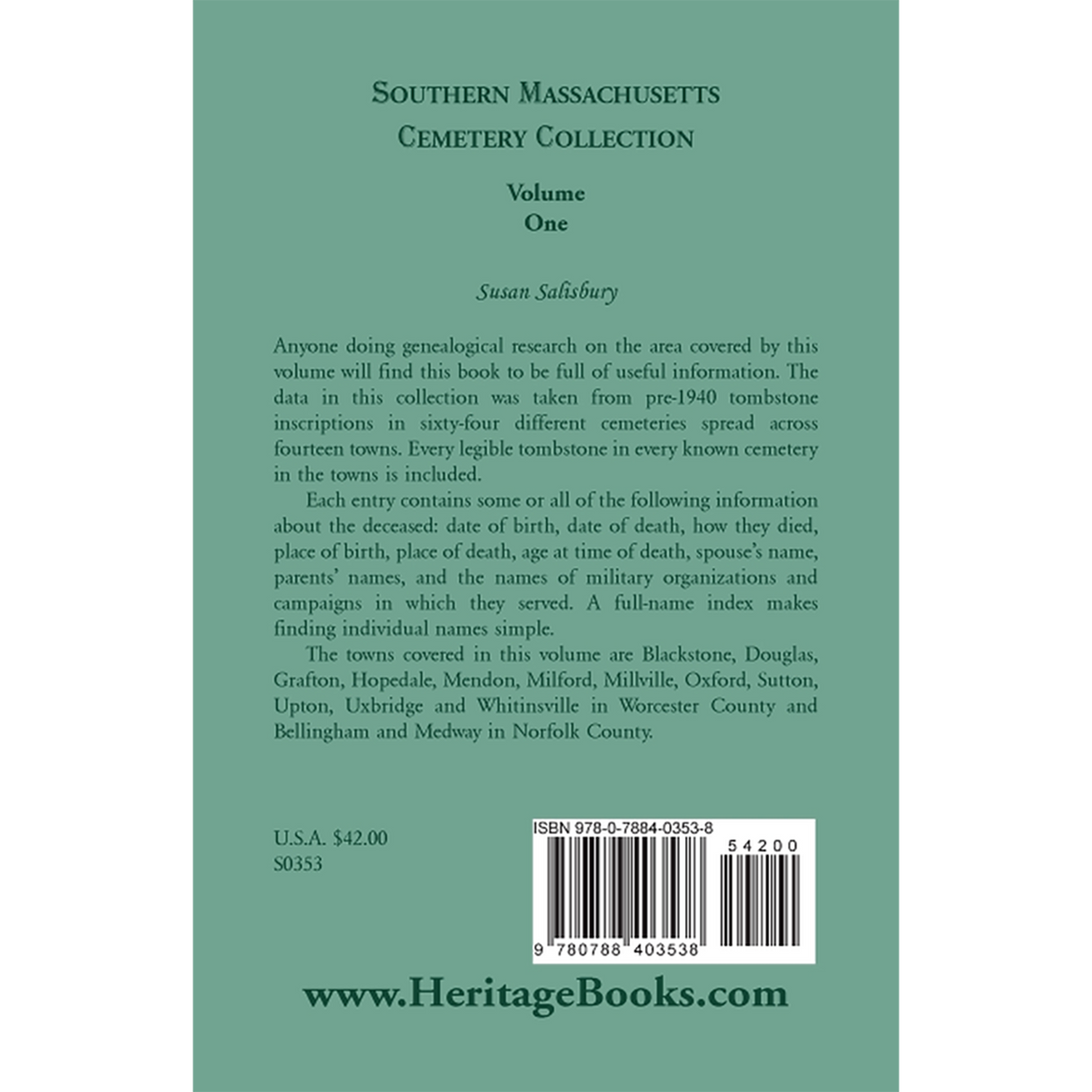 Southern Massachusetts Cemetery Collection, Volume 1 back cover