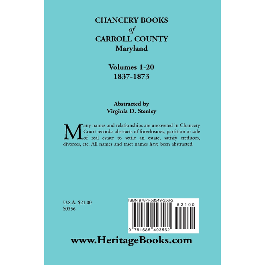 Chancery Books of Carroll County, Maryland, Volumes 1-20, 1837-1873 back cover