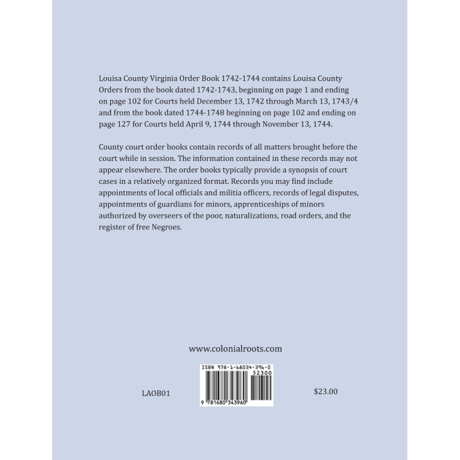 Louisa County, Virginia Order Book Abstracts 1742-1744 back cover