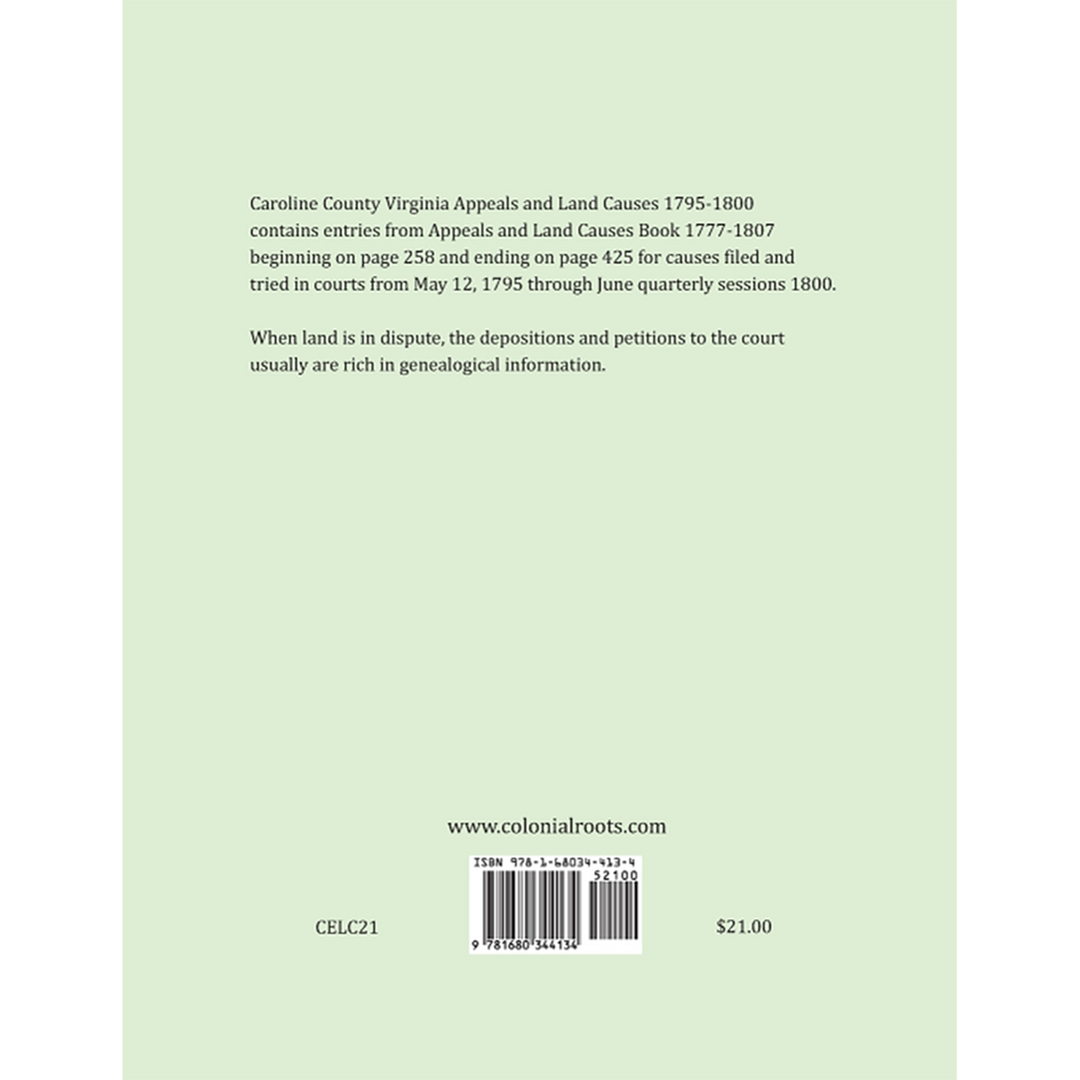 Caroline County, Virginia Appeals and Land Causes 1795-1800 back cover