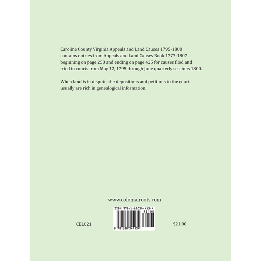 Caroline County, Virginia Appeals and Land Causes 1795-1800 back cover