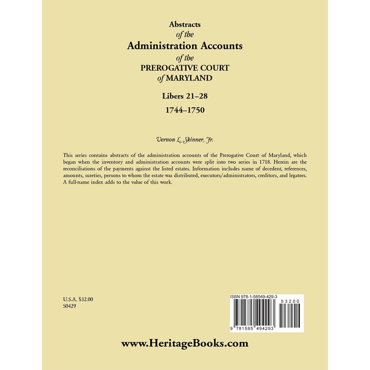 Abstracts of the Administration Accounts of the Prerogative Court of Maryland, 1744-1750, Libers 21-28 back cover