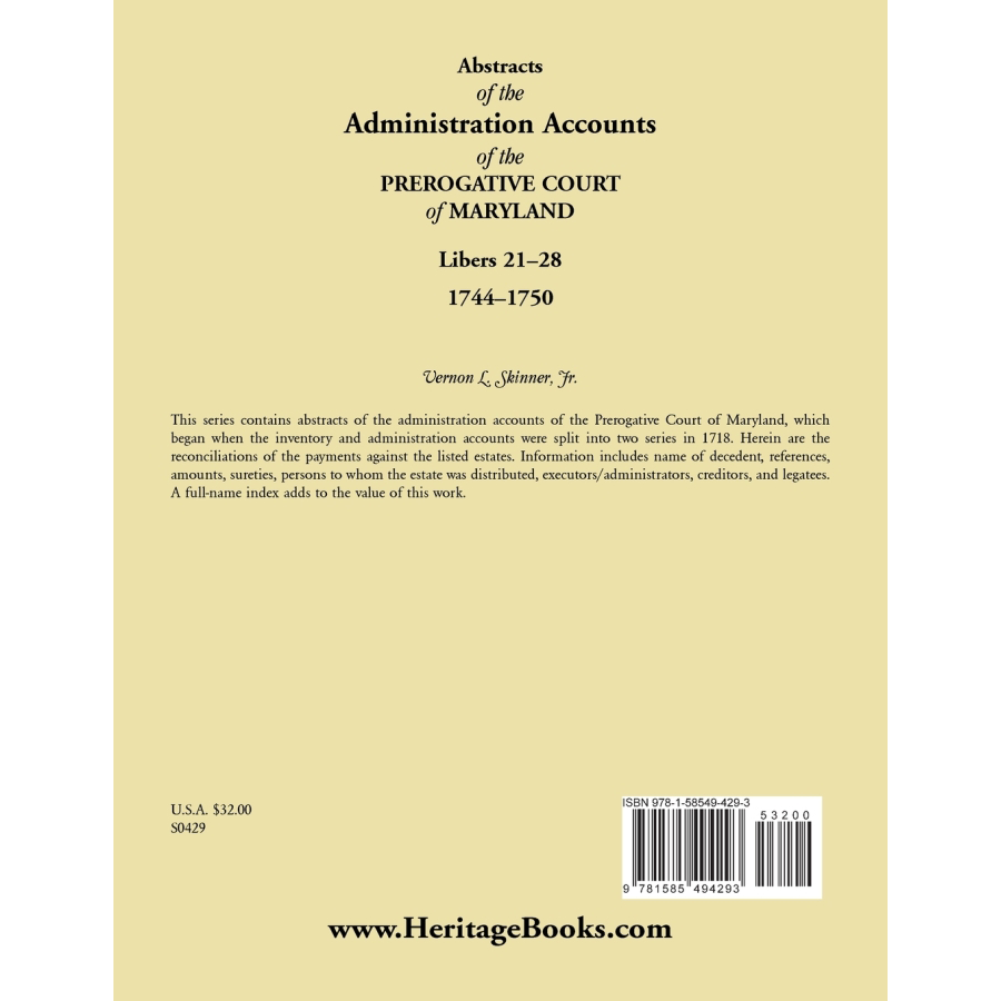Abstracts of the Administration Accounts of the Prerogative Court of Maryland, 1744-1750, Libers 21-28 back cover