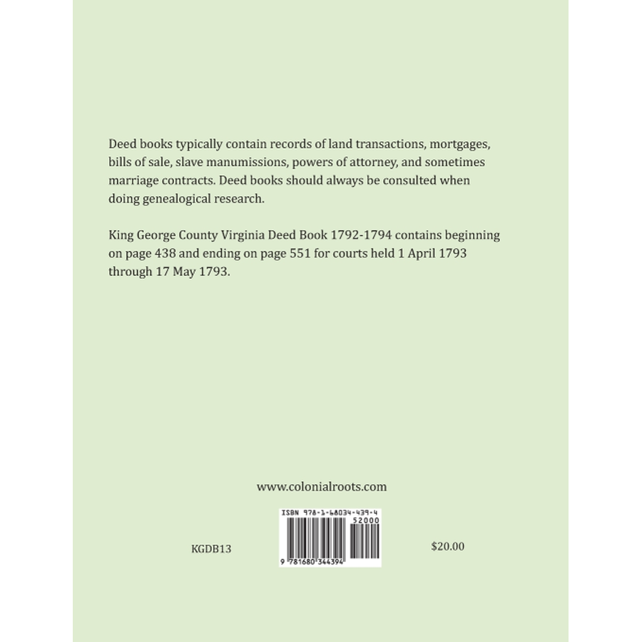 King George County, Virginia Deed Abstracts, 1792-1794 back cover