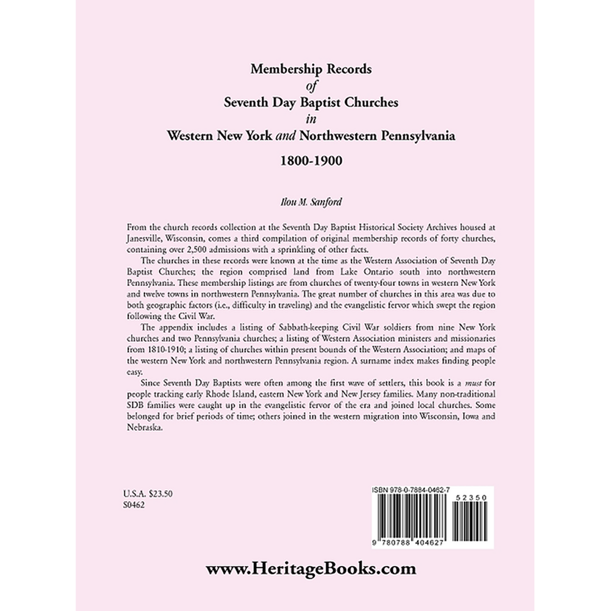 Membership Records of Seventh Day Baptist Churches in Western New York and Northwestern Pennsylvania, 1800-1900 back cover