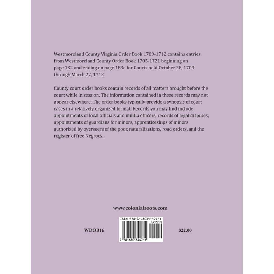 Westmoreland County, Virginia Order Book Abstracts 1709-1712 back cover
