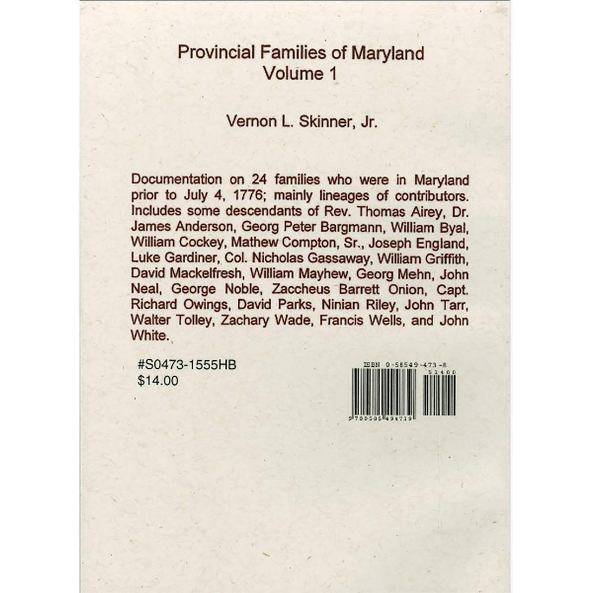Provincial Families of Maryland, Volume 1 back cover