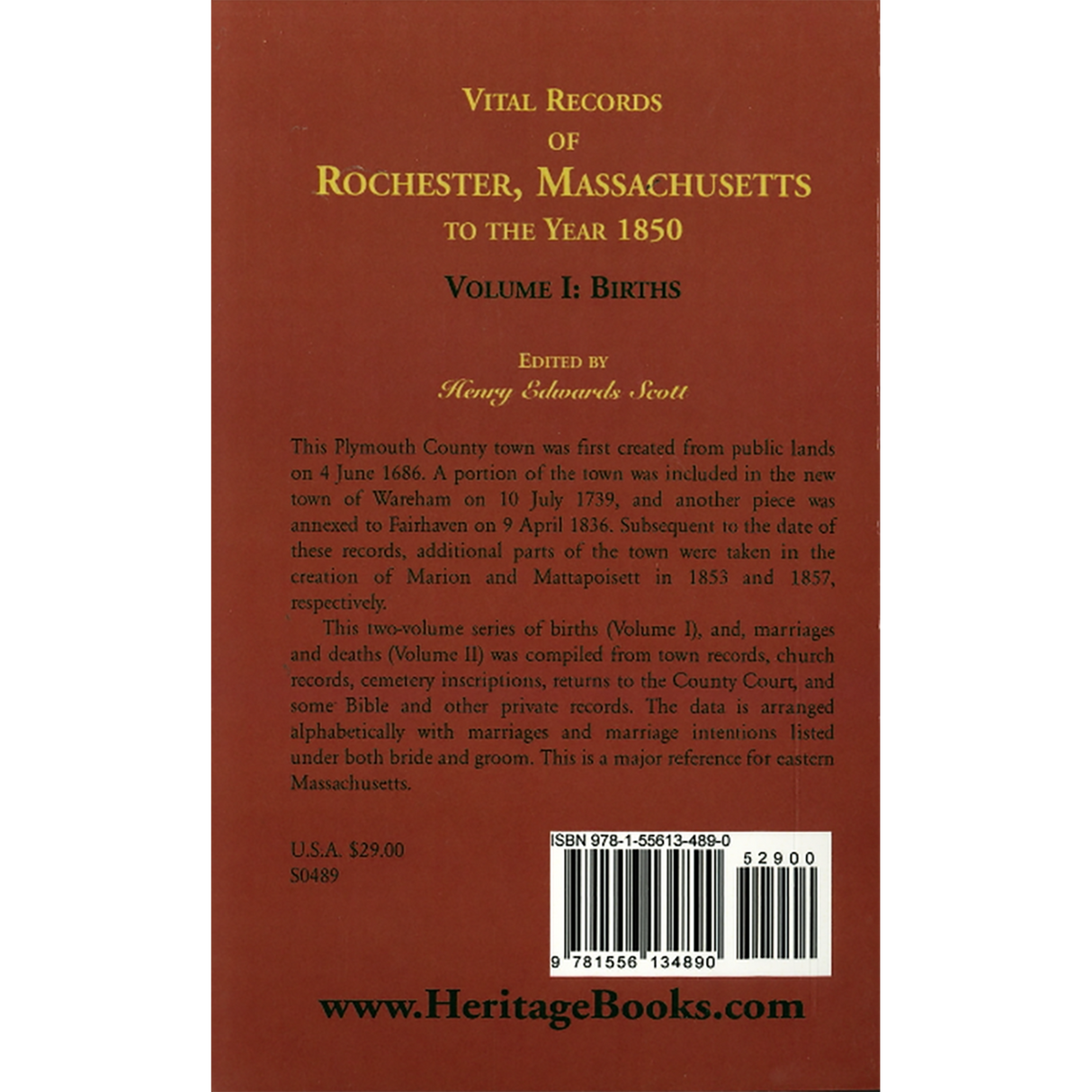 Vital Records of Rochester, Massachusetts to the Year 1850, Volume 1: Births back cover