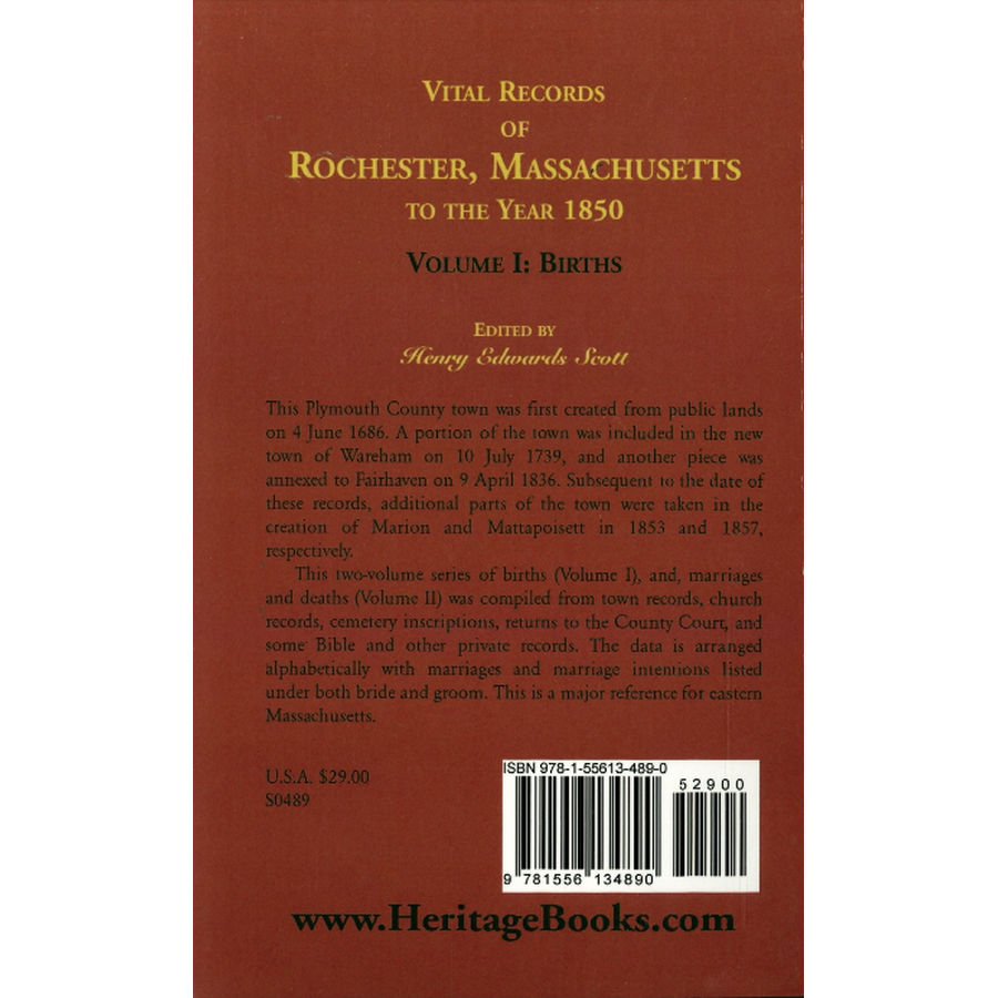 Vital Records of Rochester, Massachusetts to the Year 1850, Volume 1: Births back cover