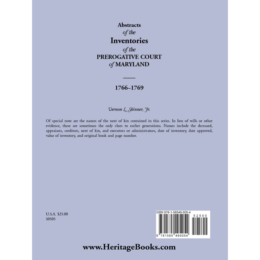Abstracts of the Inventories of the Prerogative Court of Maryland, 1766-1769 back cover