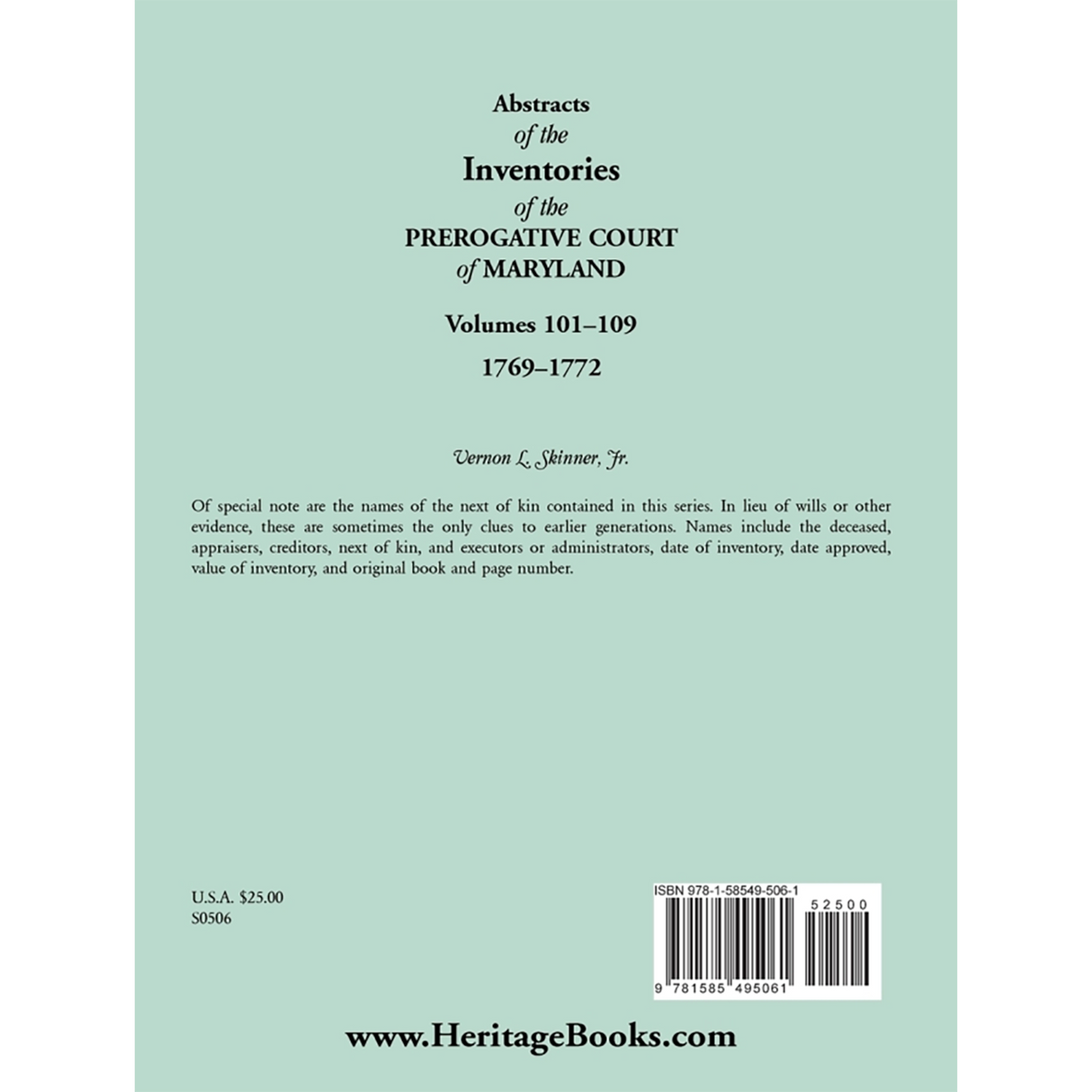 Abstracts of the Inventories of the Prerogative Court of Maryland, 1769-1772, Libers 101-109 back cover